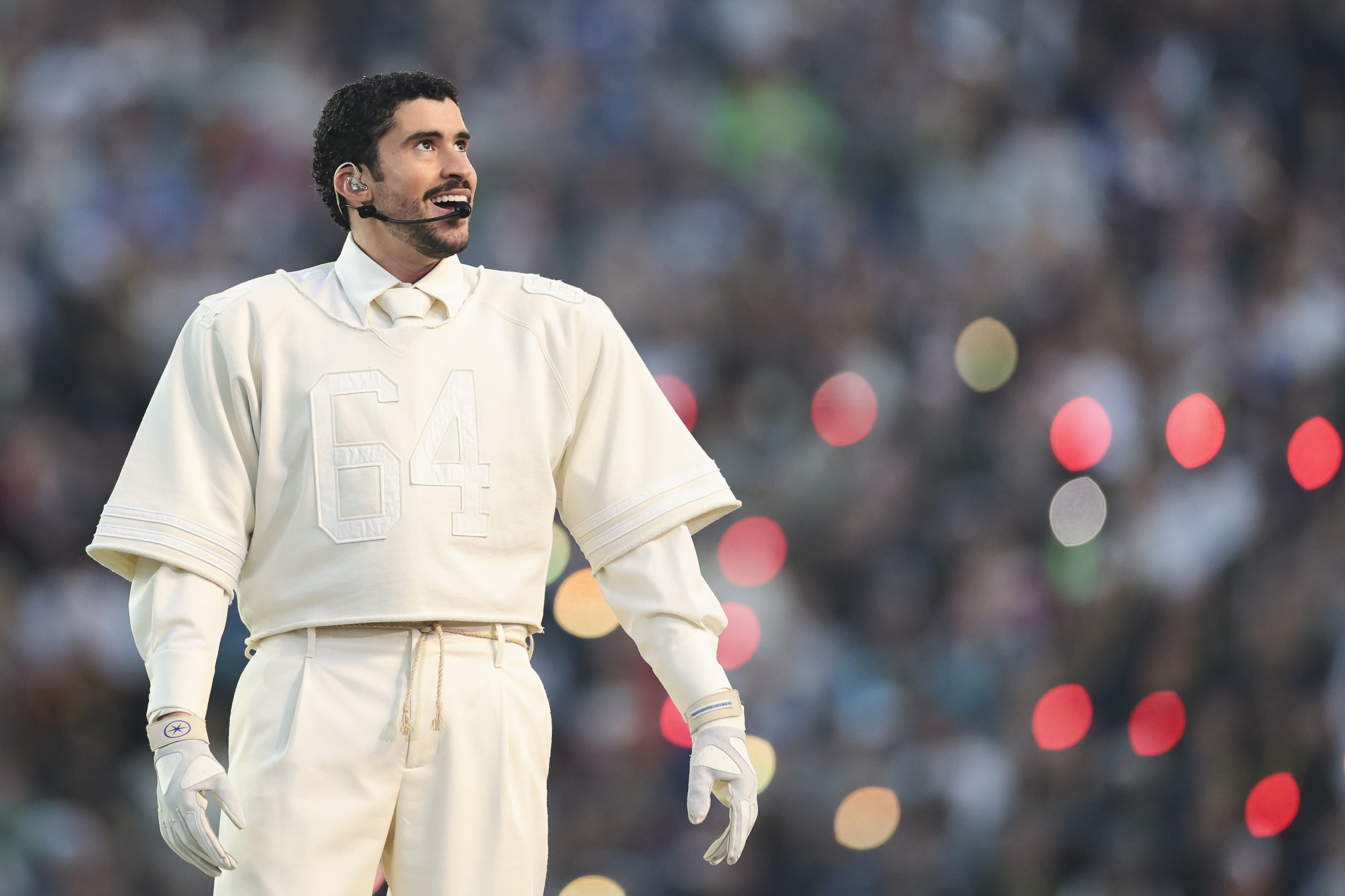 Bad Bunny performing during the halftime of Super Bowl LX n February 8, 2026 in Santa Clara, California | Source: Getty Images