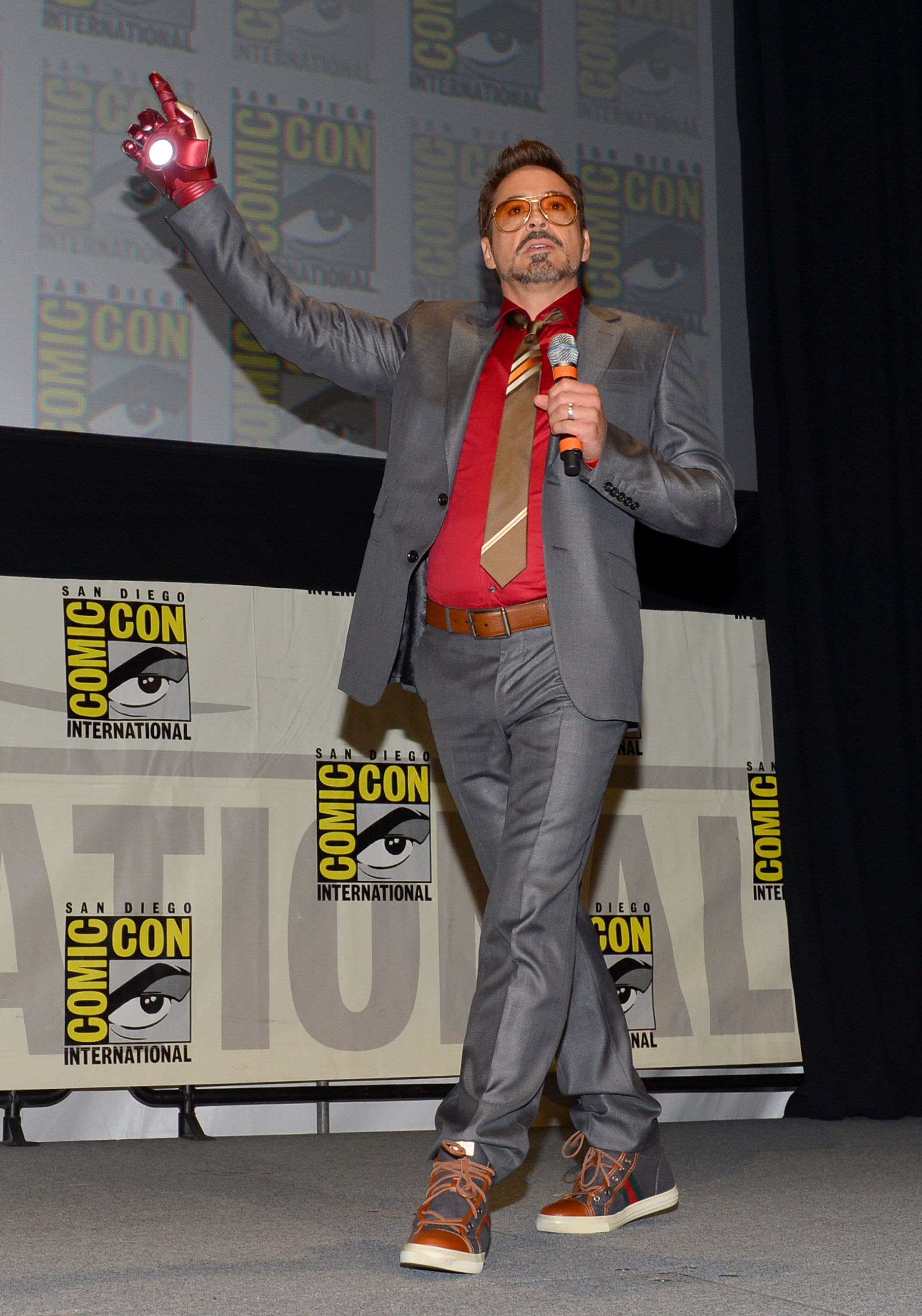 Robert Downey Jr. speaking on stage at the Iron Man 3" panel with Marvel Studios during Comic-Con International on July 14, 2012 in San Diego | Source: Getty Images