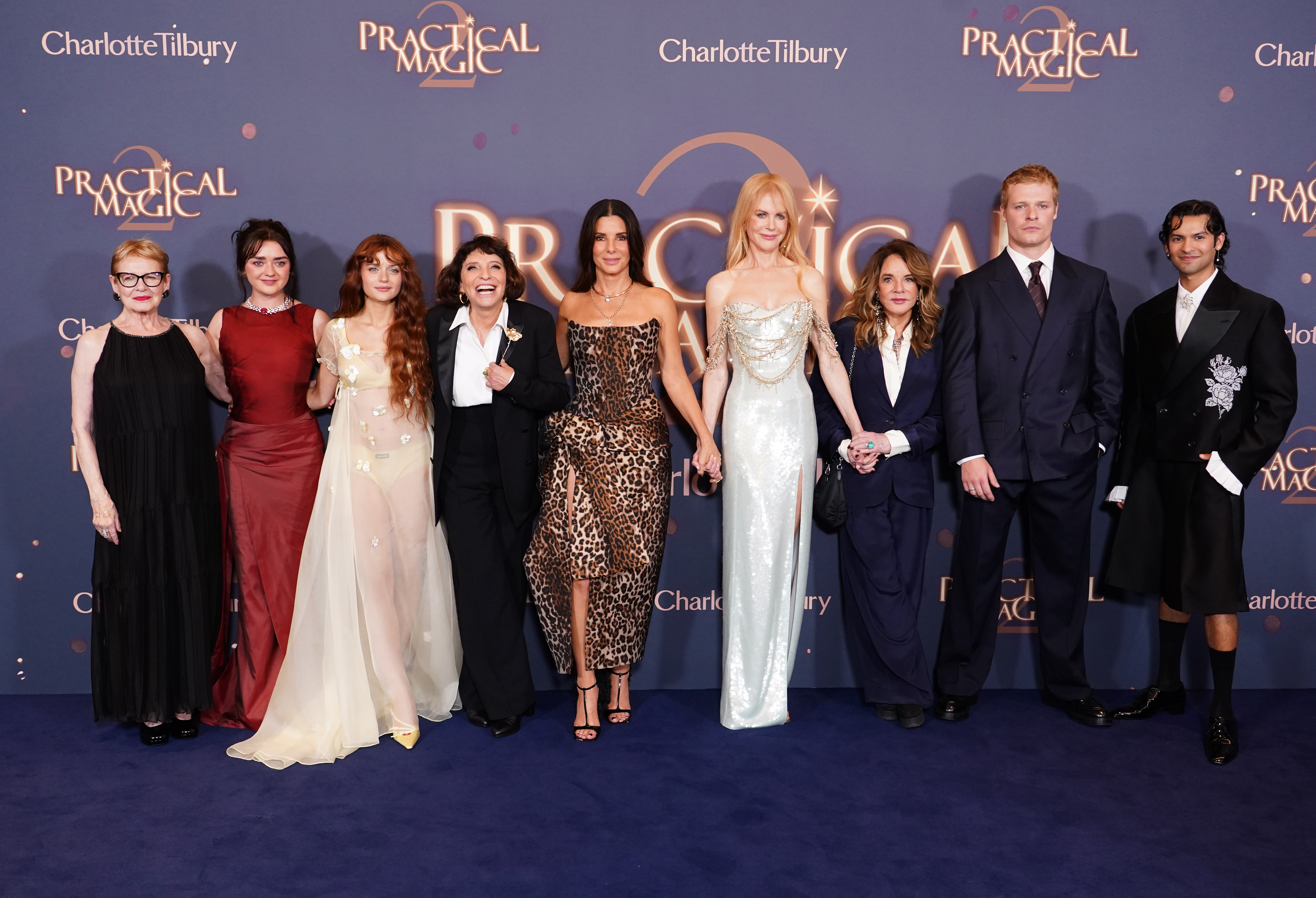 Stockard Channing with the cast of "Practical Magic 2" from L to R: Dianne Wiest, Maisie Williams, Joey King, Susanne Bier, Sandra Bullock, Nicole Kidman, Channing, Solly McLeod and Xolo Mariduena | Source: Getty Images